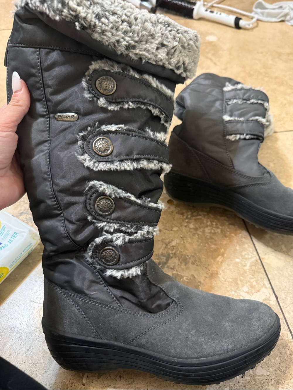 Pajar Maureen  Gray Waterproof Women's Winter Boots with Faux Fur Trim